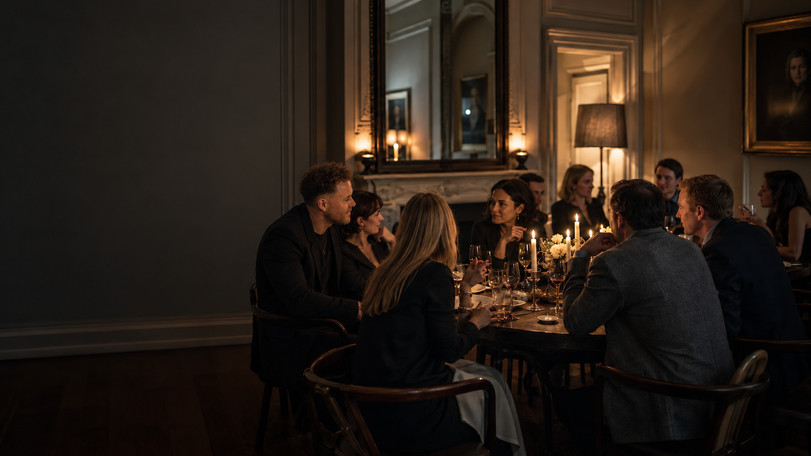 Liam A. Gregg hosting a candlelit Connection Theory Society gathering in a historic room